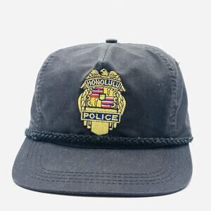 Vintage 90s Honolulu Hawaii Police Department SnapBack Hat Cap Navy Blue Rope
